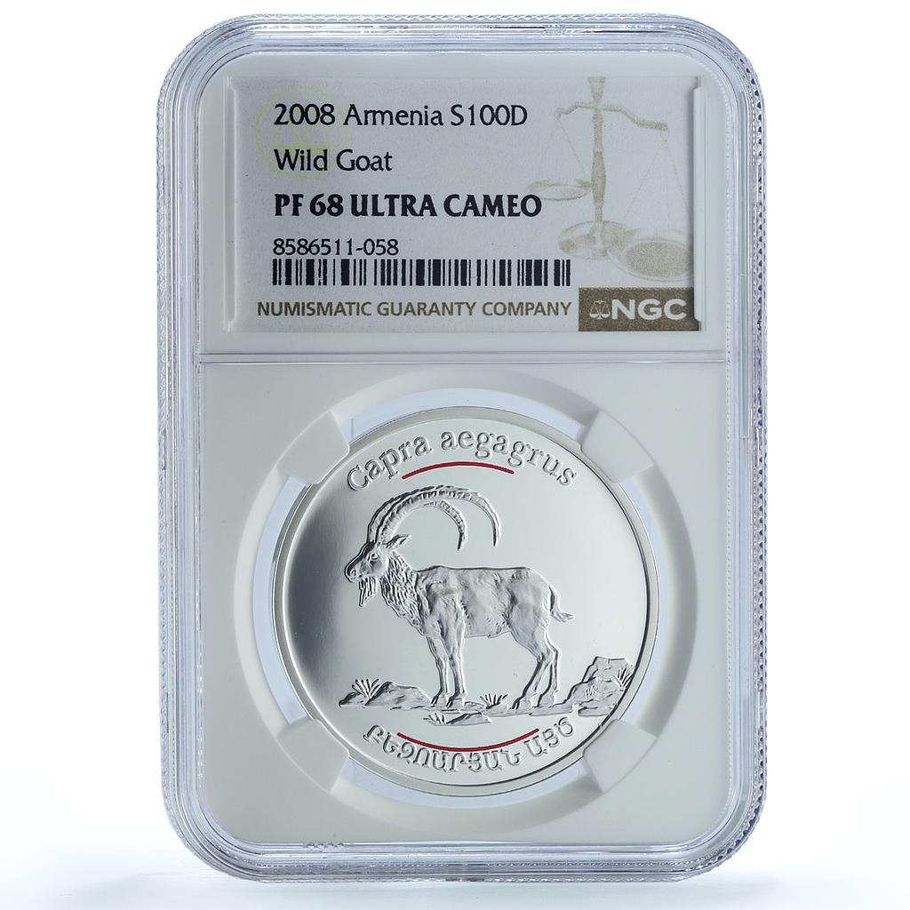 Armenia 100 dram Wild Goat KM-167 Wildlife Fauna PF 68 NGC silver coin 2008 Armenia 100 dram Wild Goat KM-167 Wildlife Fauna PF 68 NGC silver coin 2008