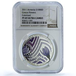 Armenia 1000 dram Crocus KM-202 Flora Flower PF 69 NGC silver coin 2011