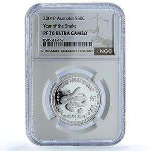 Australia 50 cents Year Snake KM-535 Lunar Series 1 PF 70 NGC silver coin 2001