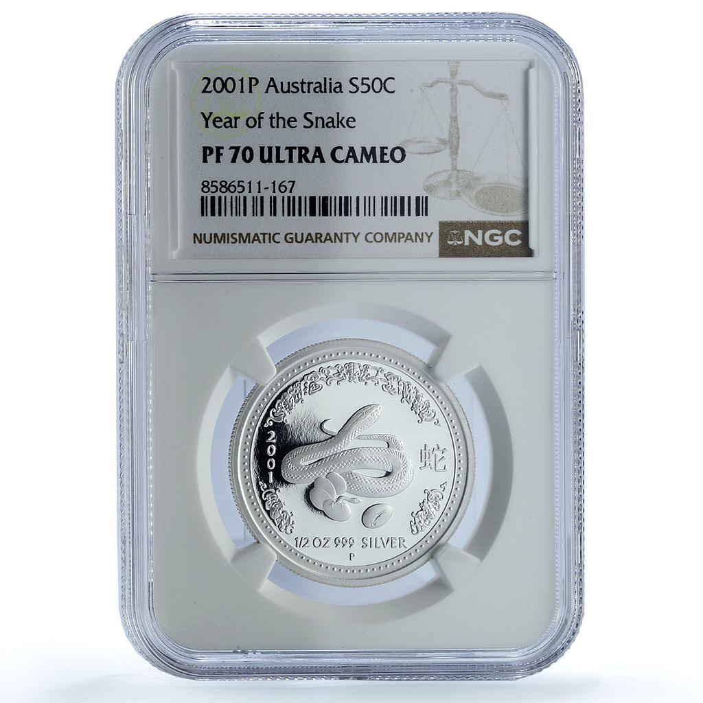 Australia 50 cents Year Snake KM-535 Lunar Series 1 PF 70 NGC silver coin 2001 Australia 50 cents Year Snake KM-535 Lunar Series 1 PF 70 NGC silver coin 2001