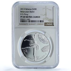 Belarus 20 roubles Ballet Ballerina F15 KM-453 Culture PF68 NGC silver coin 2013