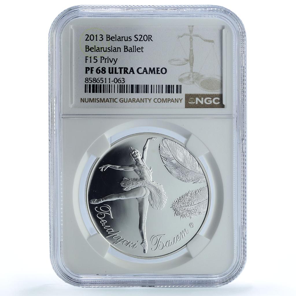 Belarus 20 roubles Ballet Ballerina F15 KM-453 Culture PF68 NGC silver coin 2013
