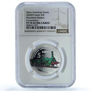 Spain 5 euros Ibero-American Railways KM-1489 Train PF 70 NGC silver coin 2020