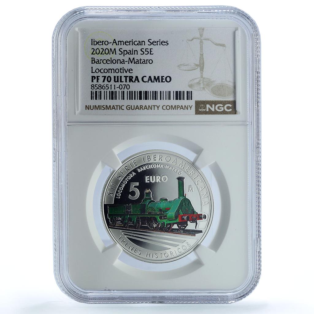 Spain 5 euros Ibero-American Railways KM-1489 Train PF 70 NGC silver coin 2020