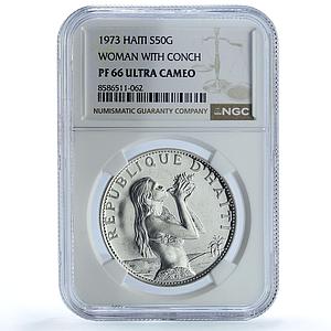 Haiti 50 gourdes Woman with Shell Mark Left KM-104.1 PF 66 NGC silver coin 1973