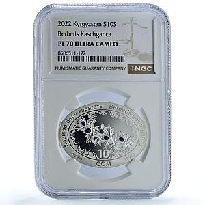 Kyrgyzstan 10 som Berberis KM-96 Flora Flower PF 70 NGC silver coin 2022
