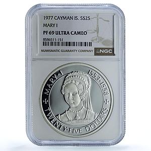 Cayman Islands 25 dollars Queen Mary I KM-16 PF 69 NGC silver coin 1977