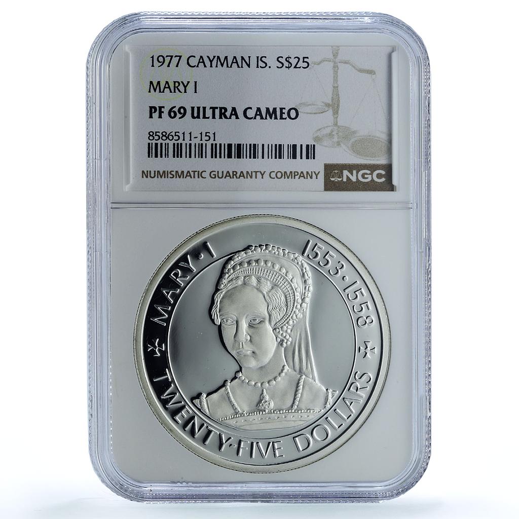 Cayman Islands 25 dollars Queen Mary I KM-16 PF 69 NGC silver coin 1977 Cayman Islands 25 dollars Queen Mary I KM-16 PF 69 NGC silver coin 1977