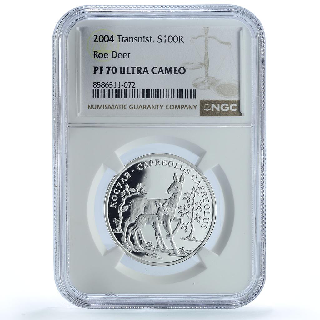 Transnistria 100 roubles Roe Deer KM-44 Wildlife Fauna PL70 NGC silver coin 2004