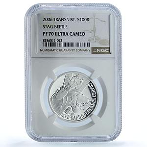 Transnistria 100 roubles Stag Beetle KM-78 Fauna PL 70 NGC silver coin 2006