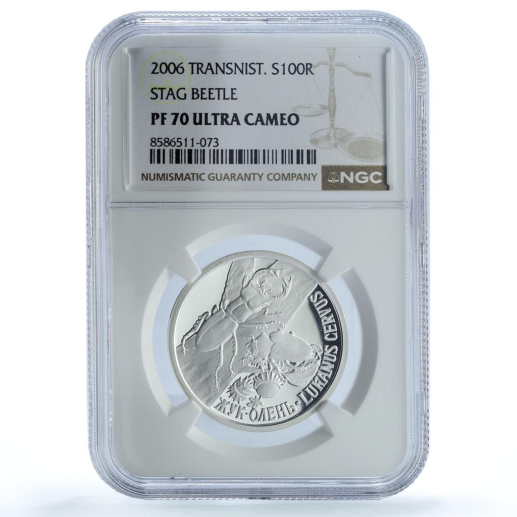 Transnistria 100 roubles Stag Beetle KM-78 Fauna PL 70 NGC silver coin 2006 Transnistria 100 roubles Stag Beetle KM-78 Fauna PL 70 NGC silver coin 2006