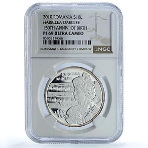 Romania 10 lei Hariclea Darclee KM-271 Music Singer PF 69 NGC silver coin 2010