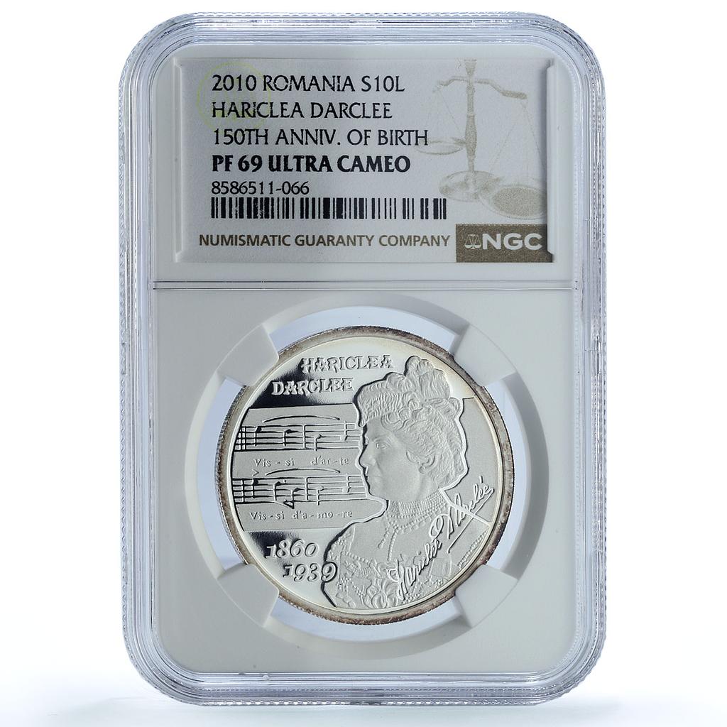 Romania 10 lei Hariclea Darclee KM-271 Music Singer PF 69 NGC silver coin 2010