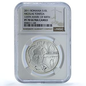 Romania 10 lei Nicolae Tonitza KM-299 Art Painter PF 70 NGC silver coin 2011