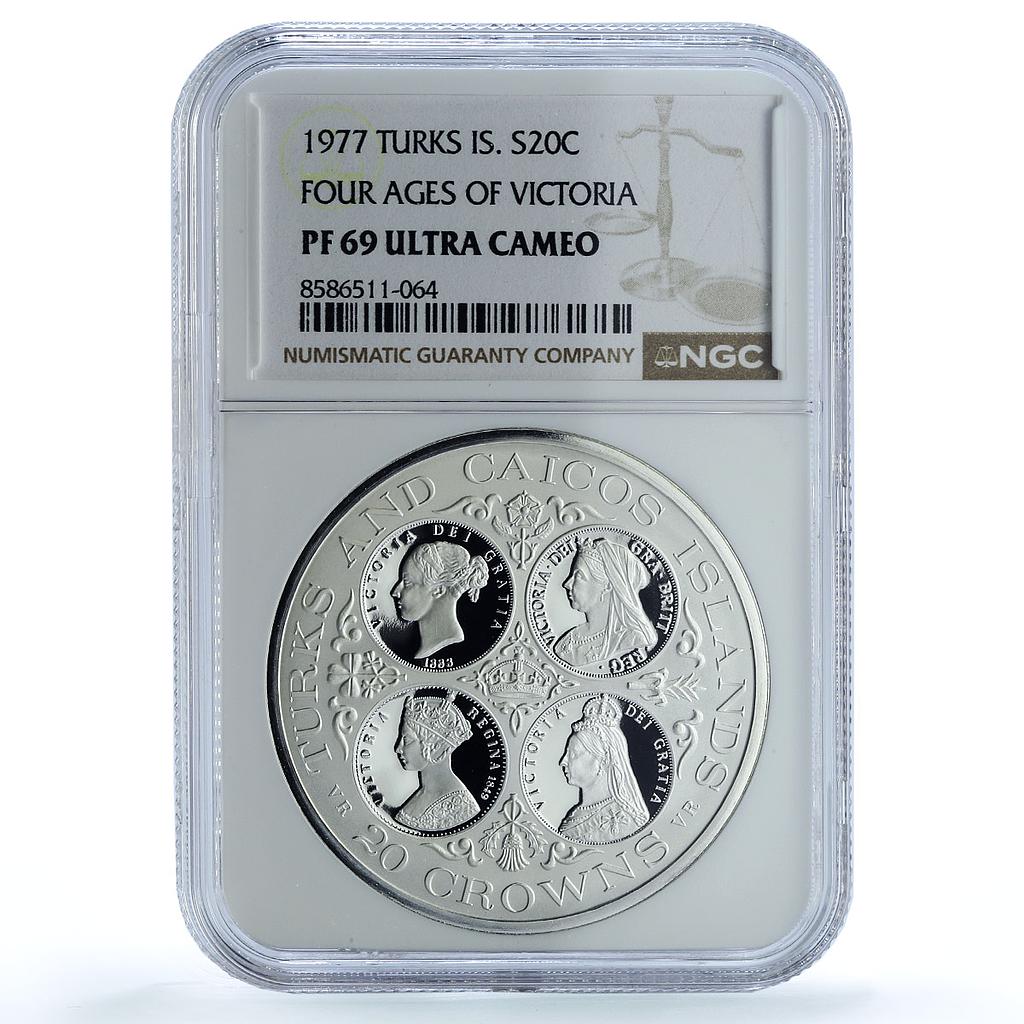Turks Caicos Islands 20 crowns Queen Victoria KM-14 PF 69 NGC silver coin 1977