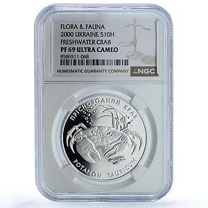 Ukraine 10 hryvnias Freshwater Crab KM-121 Fauna PF 69 NGC silver coin 2000