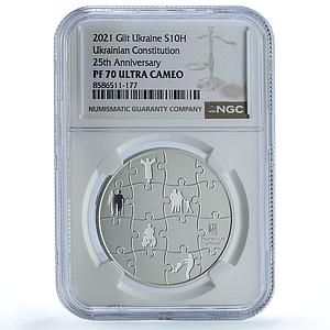 Ukraine 10 hryvnias Constitution KM-1033 Anniversary PF 70 NGC silver coin 2021