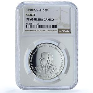 Bahrain 5 dinars Save the Children KM-23 UNICEF PF 69 NGC silver coin 1998