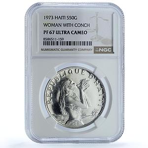 Haiti 50 gourdes Woman with Shell Mark Left KM-104.1 PF 67 NGC silver coin 1973