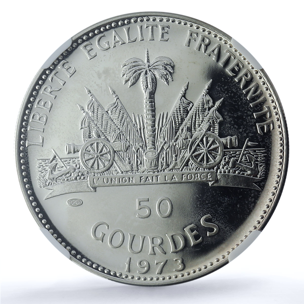 Haiti 50 gourdes Woman with Shell Mark Left KM-104.1 PF 67 NGC silver coin 1973 Haiti 50 gourdes Woman with Shell Mark Left KM-104.1 PF 67 NGC silver coin 1973