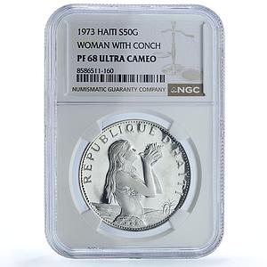 Haiti 50 gourdes Woman with Shell Mark Left KM-104.1 PF 68 NGC silver coin 1973