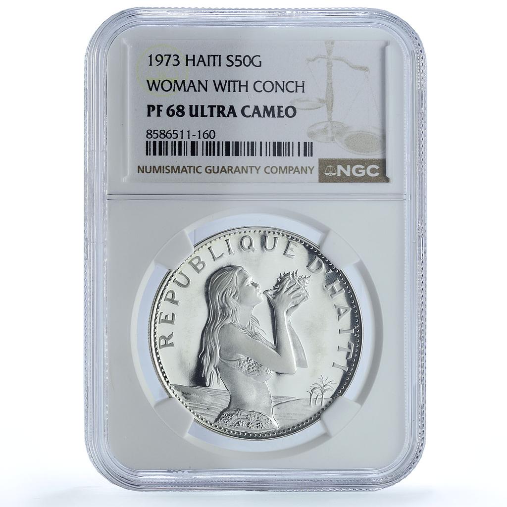 Haiti 50 gourdes Woman with Shell Mark Left KM-104.1 PF 68 NGC silver coin 1973 Haiti 50 gourdes Woman with Shell Mark Left KM-104.1 PF 68 NGC silver coin 1973