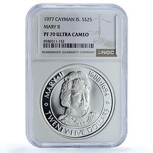 Cayman Islands 25 dollars Queen Mary II KM-18 PF 70 NGC silver coin 1977