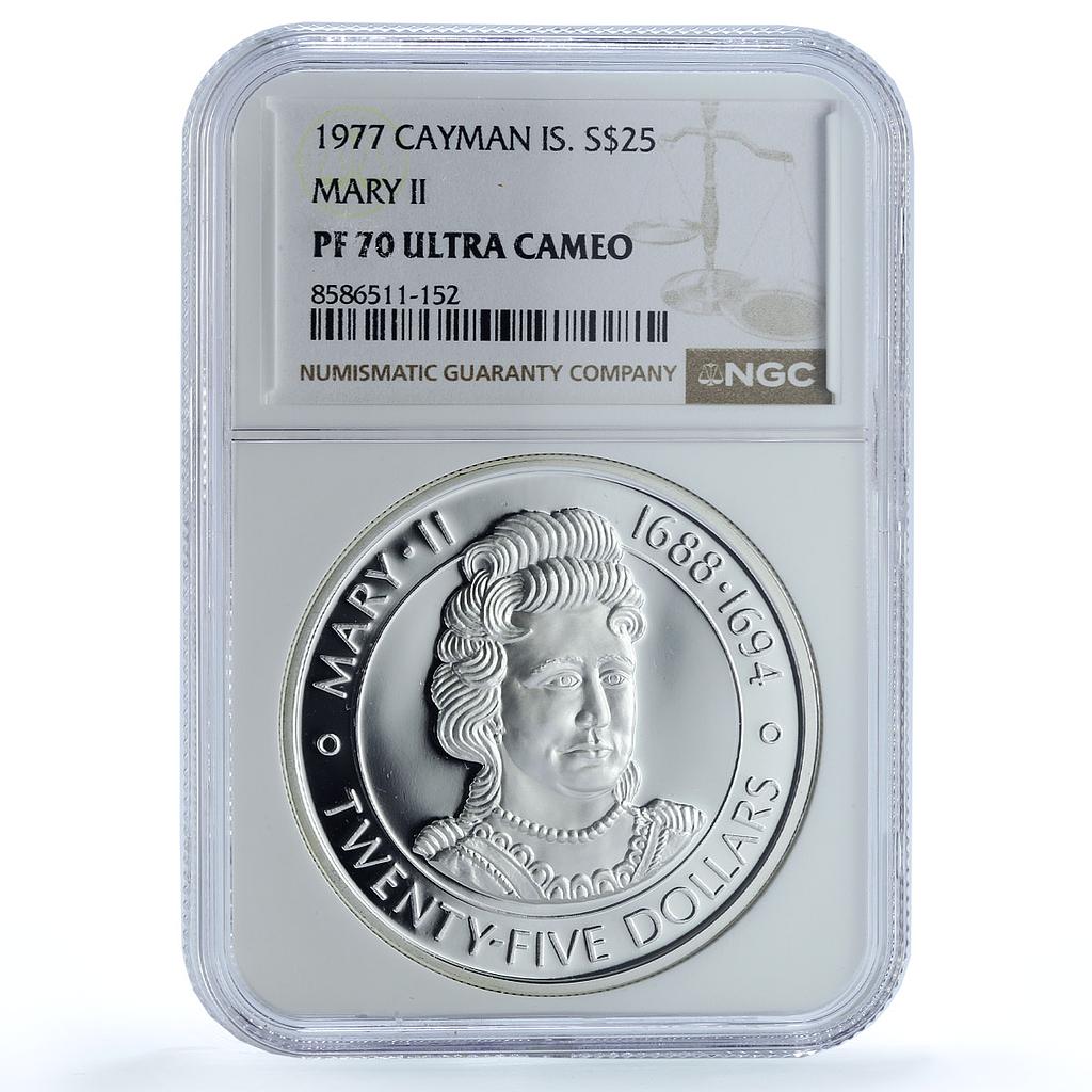 Cayman Islands 25 dollars Queen Mary II KM-18 PF 70 NGC silver coin 1977 Cayman Islands 25 dollars Queen Mary II KM-18 PF 70 NGC silver coin 1977