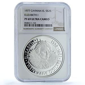 Cayman Islands 25 dollars Queen Elizabeth I KM-17 PF 69 NGC silver coin 1977
