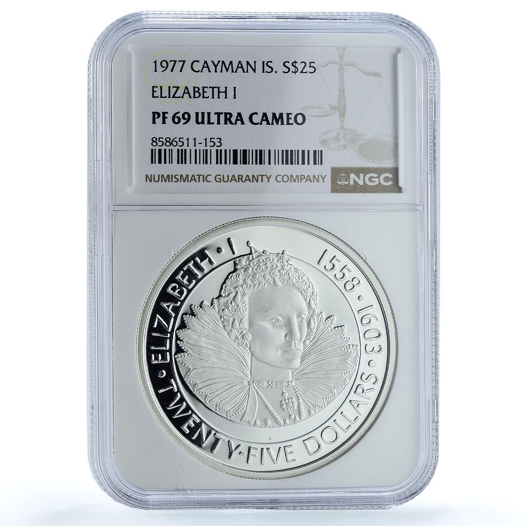 Cayman Islands 25 dollars Queen Elizabeth I KM-17 PF 69 NGC silver coin 1977 Cayman Islands 25 dollars Queen Elizabeth I KM-17 PF 69 NGC silver coin 1977