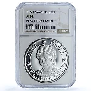 Cayman Islands 25 dollars Queen Anne KM-19 PF 69 NGC silver coin 1977