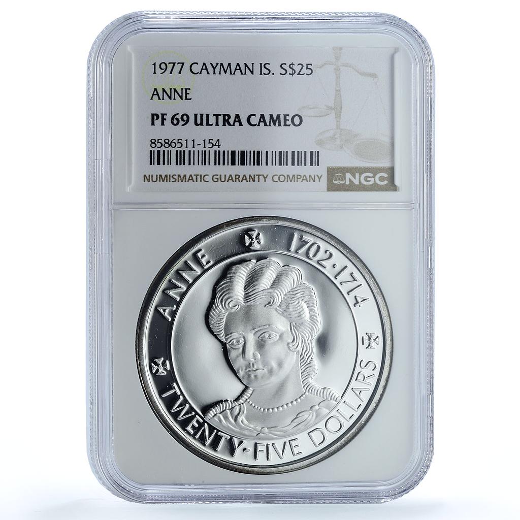 Cayman Islands 25 dollars Queen Anne KM-19 PF 69 NGC silver coin 1977 Cayman Islands 25 dollars Queen Anne KM-19 PF 69 NGC silver coin 1977