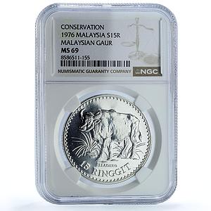 Malaysia 15 ringgit Gaur KM-19 Conservation Fauna Bull MS69 NGC silver coin 1976