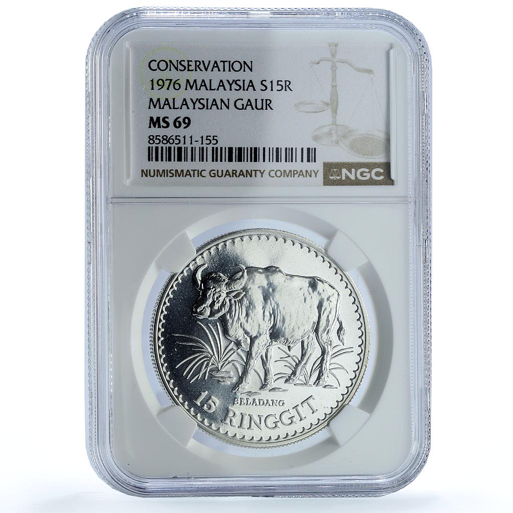 Malaysia 15 ringgit Gaur KM-19 Conservation Fauna Bull MS69 NGC silver coin 1976 Malaysia 15 ringgit Gaur KM-19 Conservation Fauna Bull MS69 NGC silver coin 1976