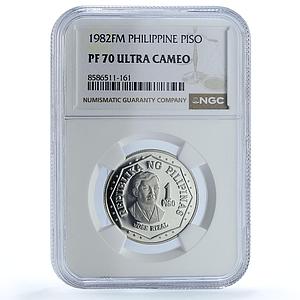 Philippines 1 piso Republic KM-209.2 Jose Rizal PF 70 NGC CuNi coin 1982