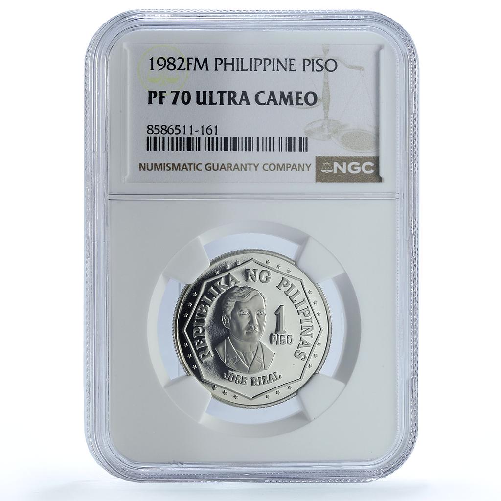 Philippines 1 piso Republic KM-209.2 Jose Rizal PF 70 NGC CuNi coin 1982 Philippines 1 piso Republic KM-209.2 Jose Rizal PF 70 NGC CuNi coin 1982