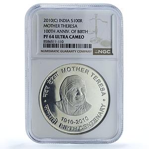 India 100 rupees Mother Theresa KM-382 Religion PF 64 NGC silver coin 2010