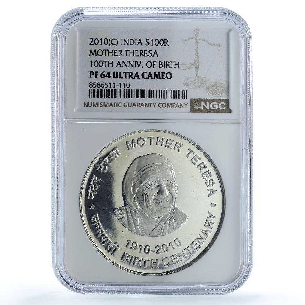 India 100 rupees Mother Theresa KM-382 Religion PF 64 NGC silver coin 2010