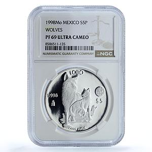 Mexico 5 pesos Lobo KM-627 Wildlife Fauna WWF Wolf PF 69 NGC silver coin 1998