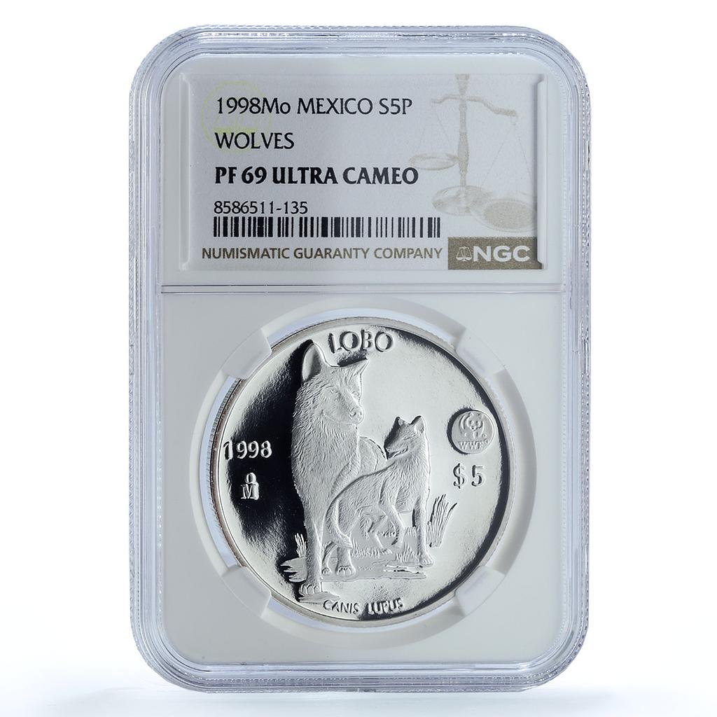 Mexico 5 pesos Lobo KM-627 Wildlife Fauna WWF Wolf PF 69 NGC silver coin 1998 Mexico 5 pesos Lobo KM-627 Wildlife Fauna WWF Wolf PF 69 NGC silver coin 1998