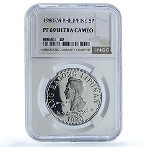 Philippines 5 piso Marcos New Society KM-210.2 PF 69 NGC nickel coin 1980
