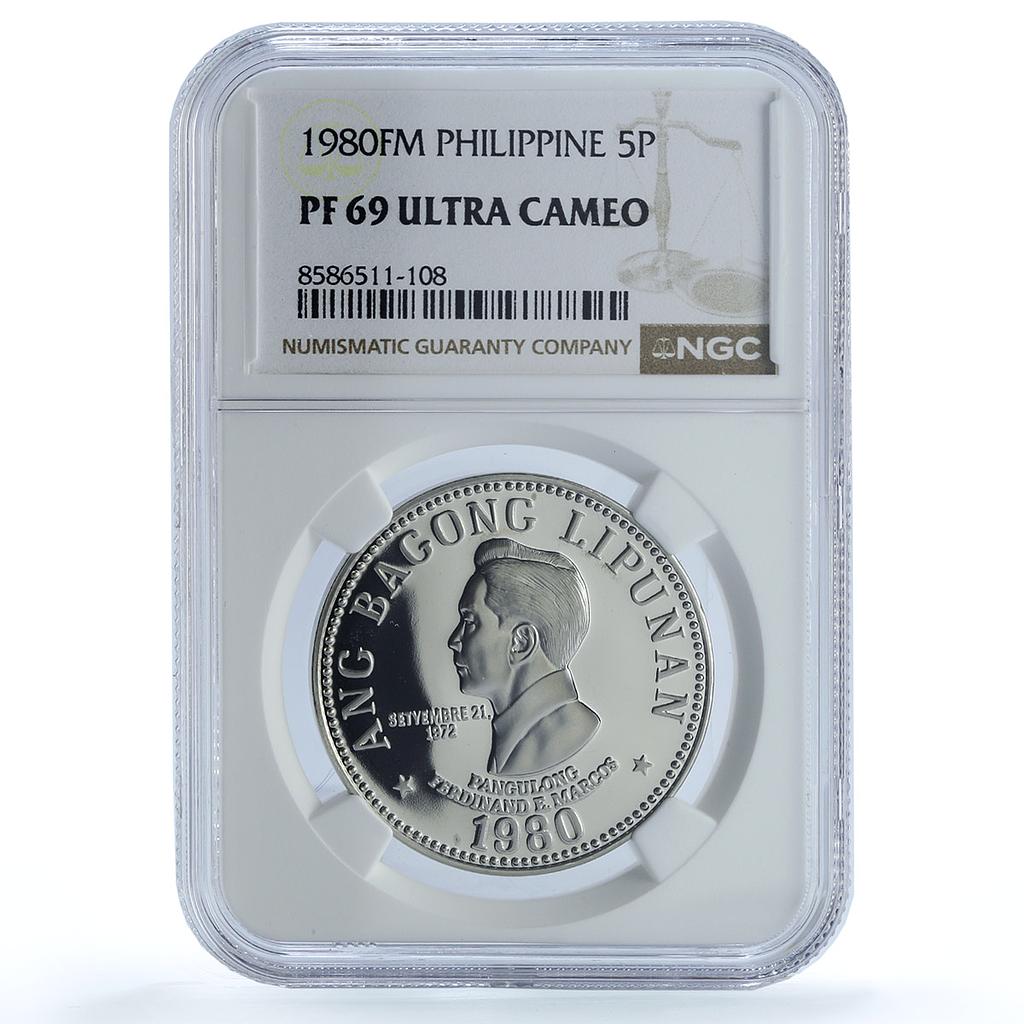 Philippines 5 piso Marcos New Society KM-210.2 PF 69 NGC nickel coin 1980 Philippines 5 piso Marcos New Society KM-210.2 PF 69 NGC nickel coin 1980