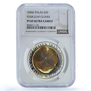 Palau 5 dollars Ounce of Luck KM-189 Flora Clover PF 69 NGC silver coin 2006