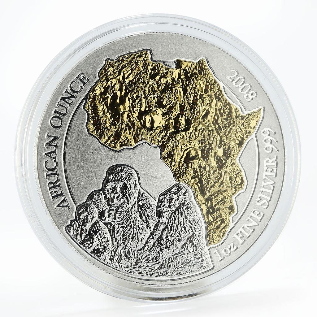 Rwanda 50 francs African Ounce Wildlife Gorillas Fauna gilded silver coin 2008