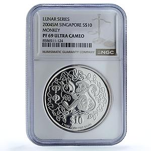 Singapore 10 dollars Year Monkey Piedfort KM-187a PF 69 NGC silver coin 2004