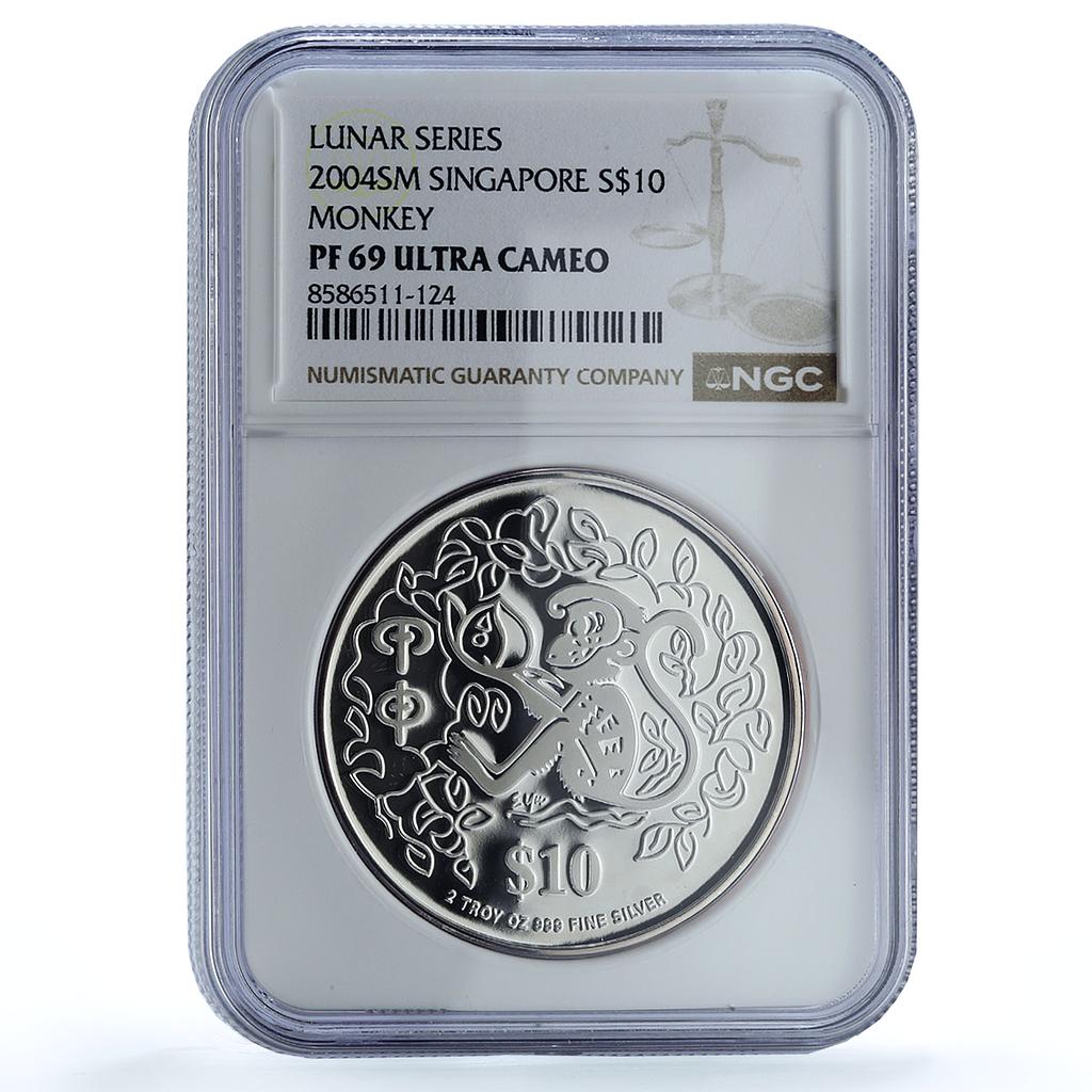 Singapore 10 dollars Year Monkey Piedfort KM-187a PF 69 NGC silver coin 2004