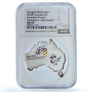 Australia 1 dollar Shanghai Expo Map Shape Kookaburra MS 69 NGC silver coin 2010