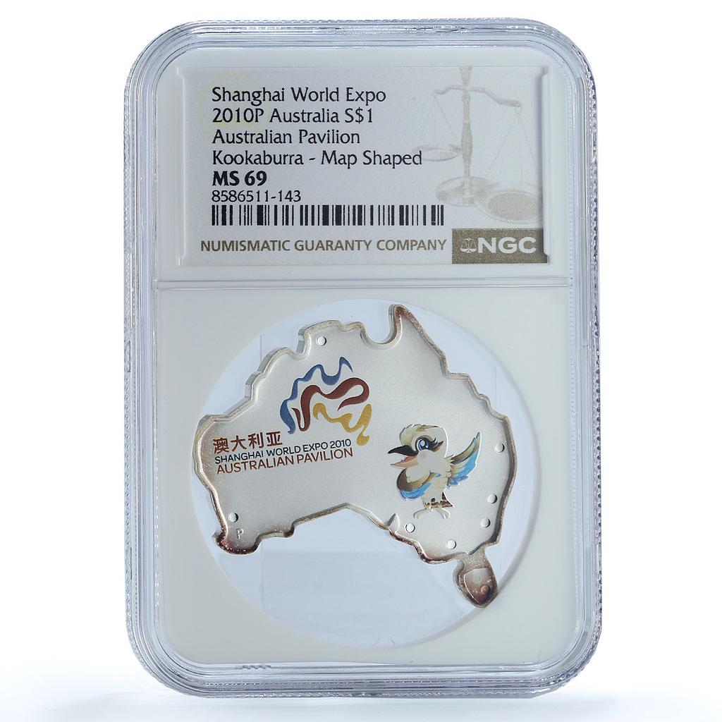 Australia 1 dollar Shanghai Expo Map Shape Kookaburra MS 69 NGC silver coin 2010 Australia 1 dollar Shanghai Expo Map Shape Kookaburra MS 69 NGC silver coin 2010
