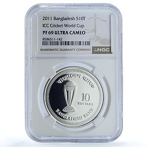 Bangladesh 10 taka Cricket World Cup KM-27 Sports PF 69 NGC silver coin 2011