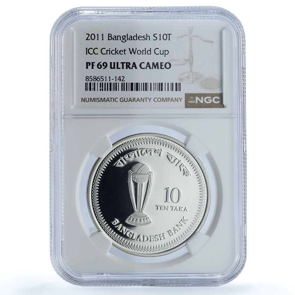 Bangladesh 10 taka Cricket World Cup KM-27 Sports PF 69 NGC silver coin 2011 Bangladesh 10 taka Cricket World Cup KM-27 Sports PF 69 NGC silver coin 2011